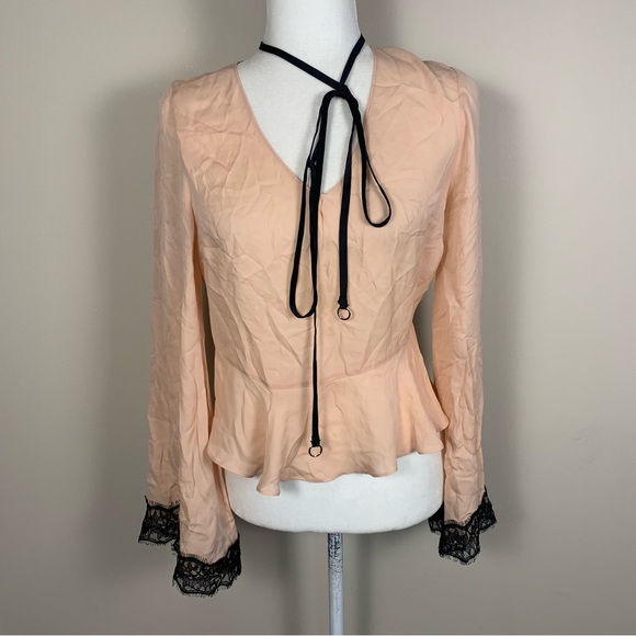 cinq a sept Tops - Cinq a Sept 100% Silk Lace Peplum Choker Tie V Neck Jemma Flare Sleeve Blouse